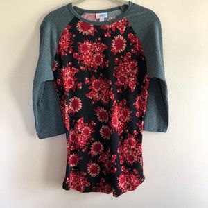 LuLaRoe S Red Floral Tee – Black Base, Gray Long Sleeves